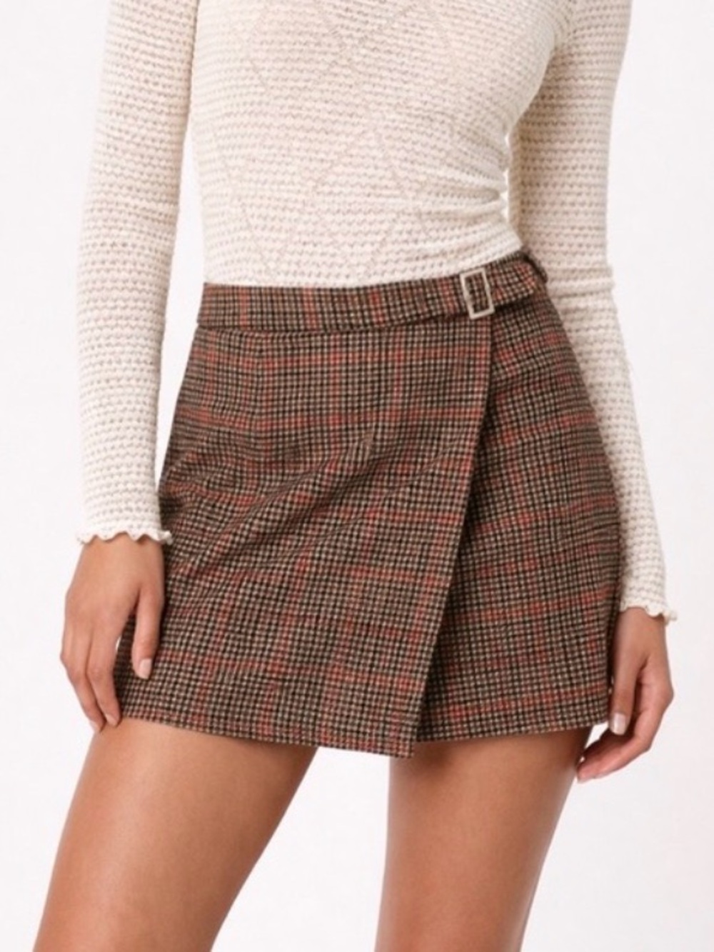 Plaid Buckle Wrap Mini Skirt in Brown and Red